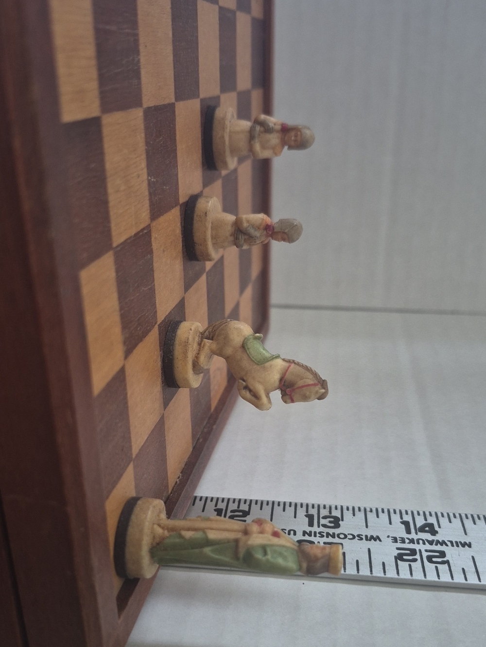 Hand-Painted Beige Chess Pieces with Green and Pink Accents